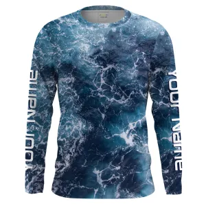 Custom Name Saltwater 3D Long Sleeve Fishing Shirts Uv Protection, Sea Wave Camo Fishing Shirts