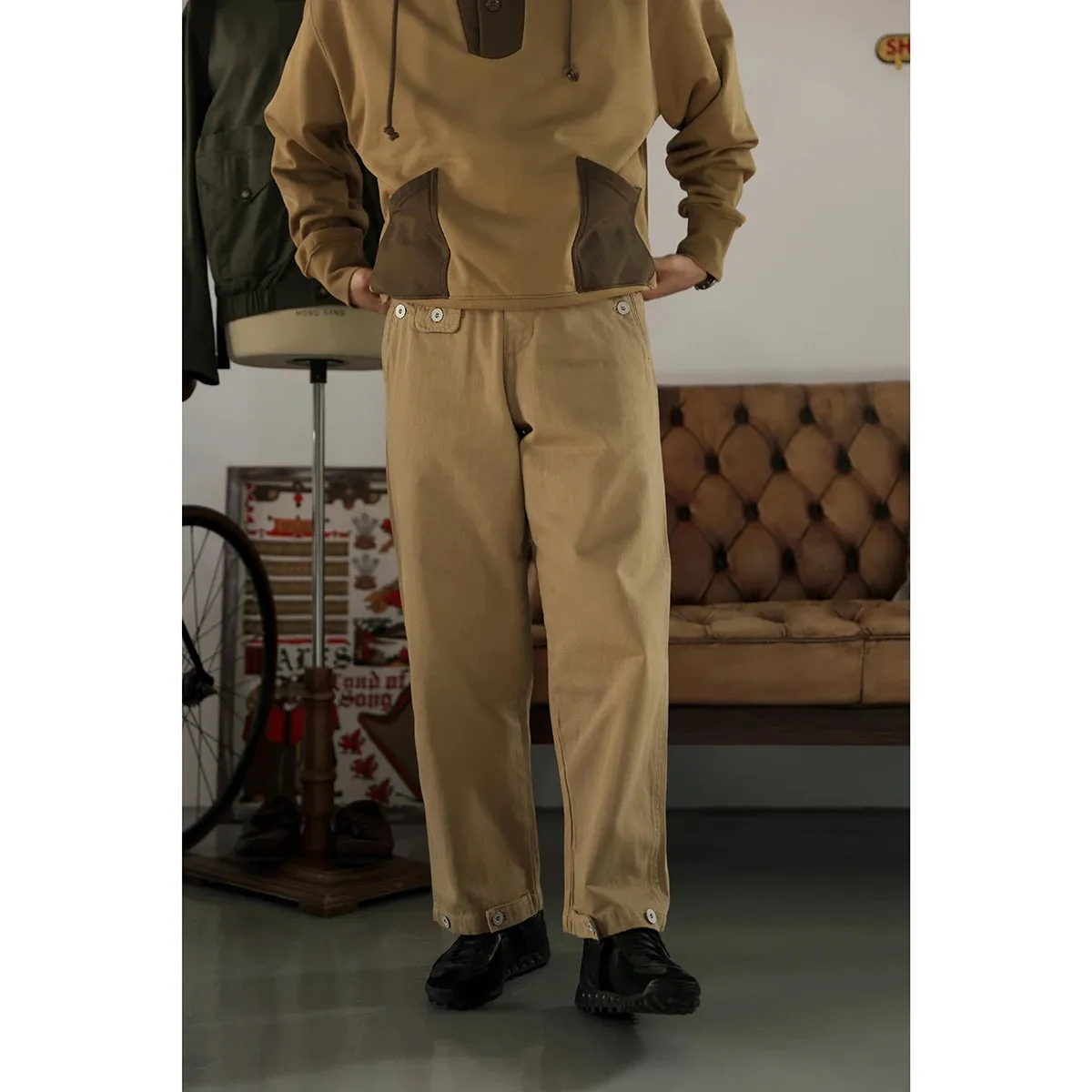 Mens German M40 Retro Straight Fit Cargo Chino Trousers - Army Style