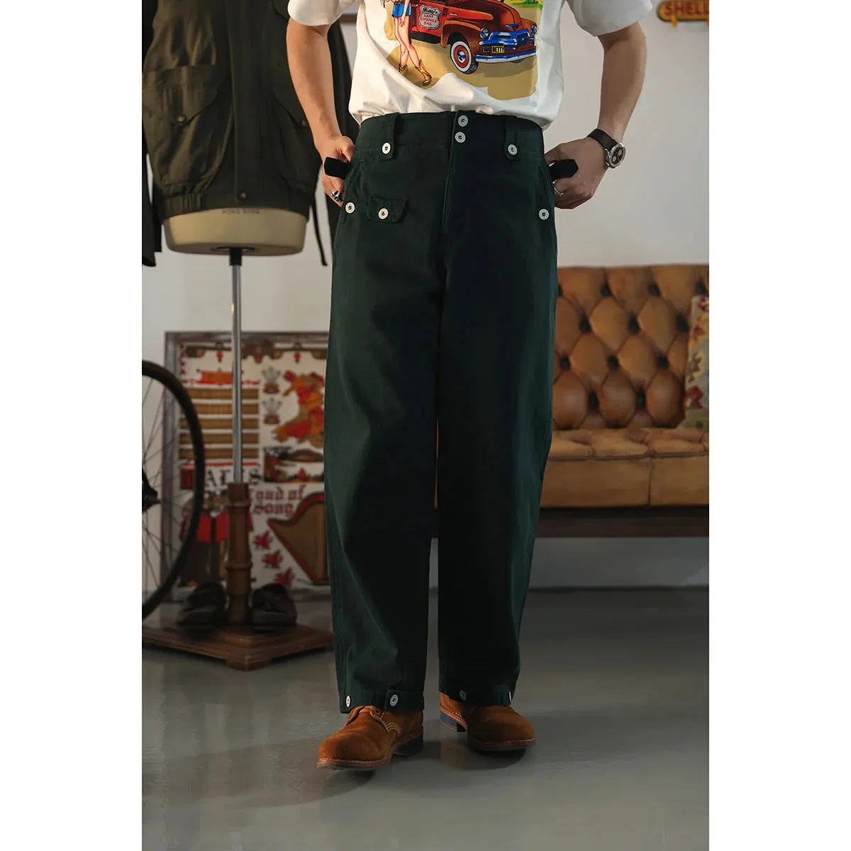 Mens German M40 Retro Straight Fit Cargo Chino Trousers - Army Style