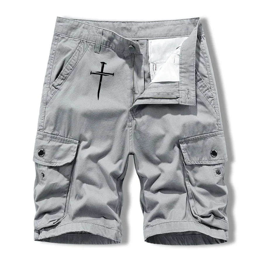 Men's CROSS print summer all-match casual pants five-point pants multi-pocket overalls shorts